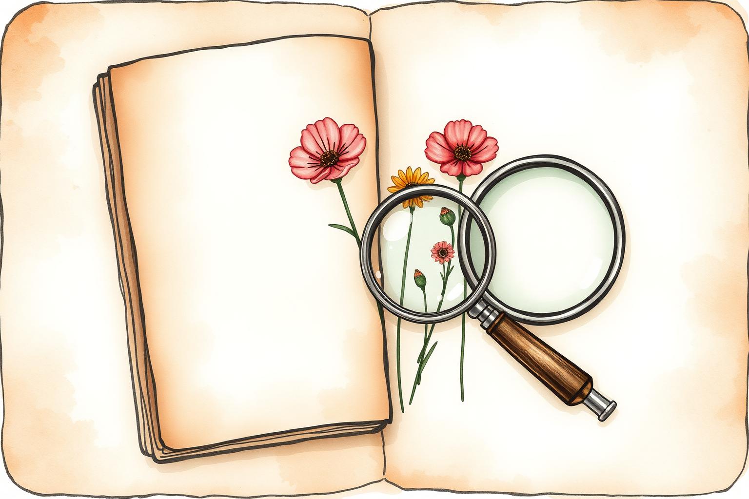 Watercolor notebook with magnifying glass and pressed flowers